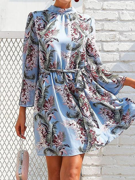 Flower Printed Long Sleeve Backless Belted Mini Dress