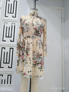 Flower Printed Long Sleeve Backless Belted Mini Dress