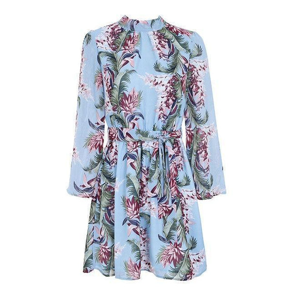 Flower Printed Long Sleeve Backless Belted Mini Dress