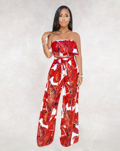 SEXY PRINTING STRAPLESS FLOUNCE TOP WIDE-LEG TROUSERS SUIT