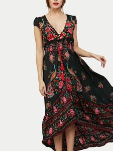 Beautiful Bohemia Floral-Print Cap Sleeve Deep V Neck Elastic Waist Maxi Dress