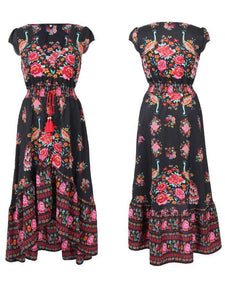 Beautiful Bohemia Floral-Print Cap Sleeve Deep V Neck Elastic Waist Maxi Dress