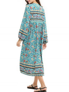 Romantic Blue Floral 3/4 Sleeve Bohemia Dress Maxi Dress