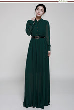 Load image into Gallery viewer, Stand-Up Collar Single-Breasted Long-Sleeved Large Swing Chiffon Mopping Dress