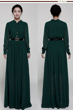 Load image into Gallery viewer, Stand-Up Collar Single-Breasted Long-Sleeved Large Swing Chiffon Mopping Dress