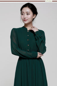 Stand-Up Collar Single-Breasted Long-Sleeved Large Swing Chiffon Mopping Dress