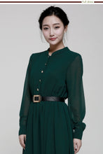 Load image into Gallery viewer, Stand-Up Collar Single-Breasted Long-Sleeved Large Swing Chiffon Mopping Dress