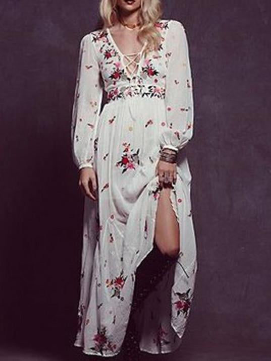Bohemia Inwrought Floral-Print Long Sleeve Long Dress