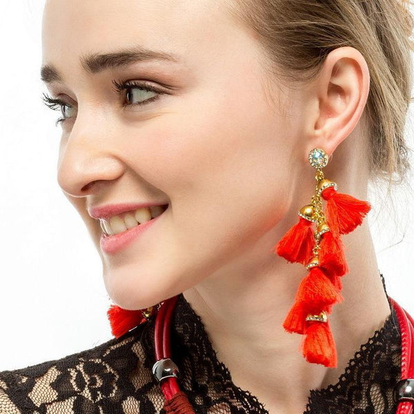 Wild European and American fashion handmade fur ball drill tassel long earrings earrings earrings Bohemia