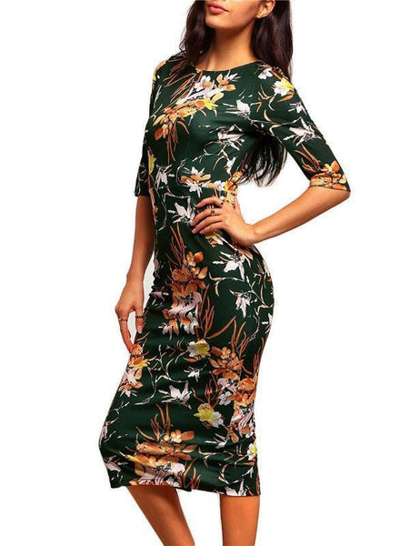 Pretty Floral Half Sleeve Round Neck Bodycon Maxi Dress