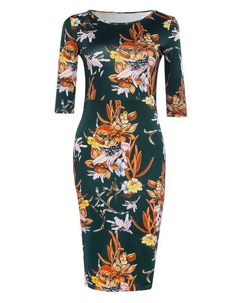 Pretty Floral Half Sleeve Round Neck Bodycon Maxi Dress