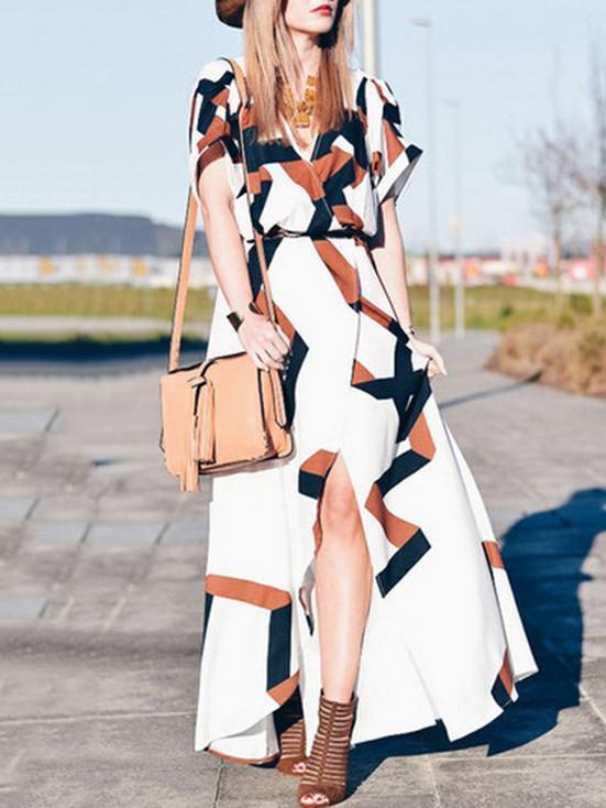 Fashion Printed Short Sleeves Deep V-neck Split-side Maxi Dress