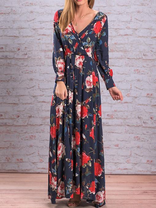 Autumn Floral V-neck Long Sleeves Bohemia Maxi Dress