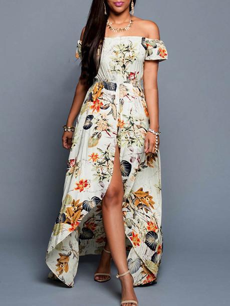 Pretty Sexy Floral-Print Short Sleeve Off-Shoulder Beach Maxi Dress