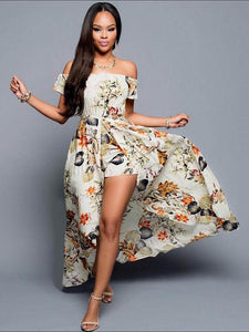 Pretty Sexy Floral-Print Short Sleeve Off-Shoulder Beach Maxi Dress