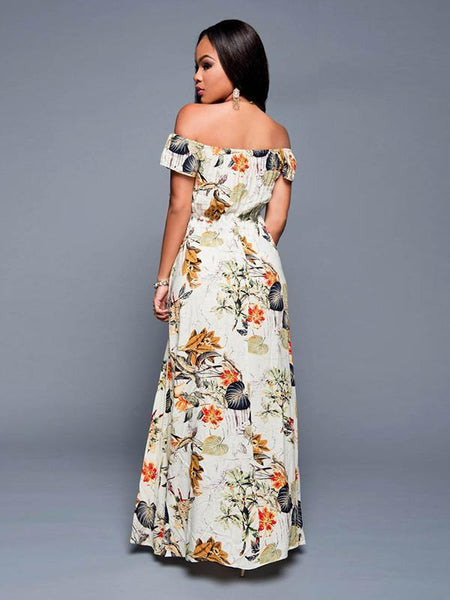 Pretty Sexy Floral-Print Short Sleeve Off-Shoulder Beach Maxi Dress