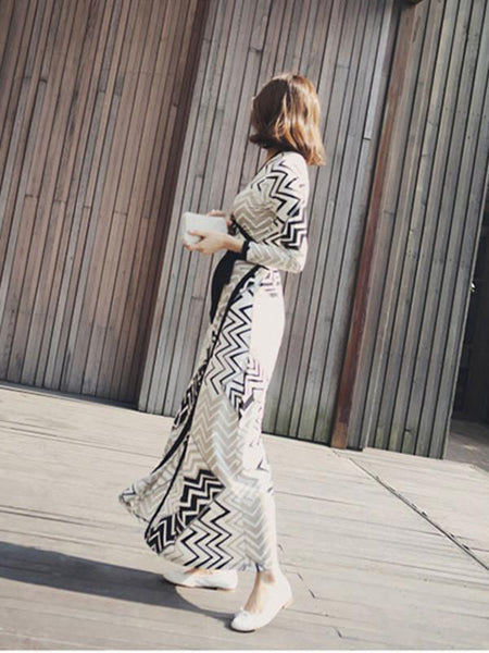 Classical Long Sleeve Deep V Neck Side Split Maxi Beach Dress