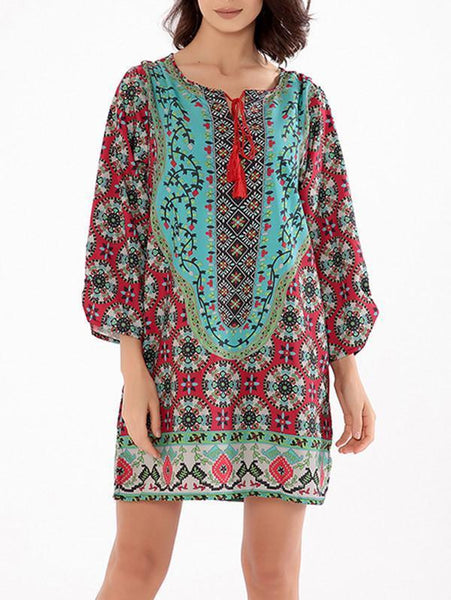 Beautiful Floral Bohemia Long Sleeve Round Neck Mini Dress