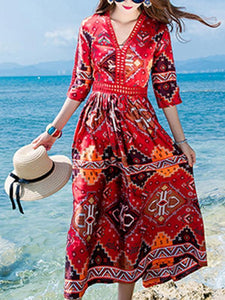 National Floral-Print Half Sleeve V Neck Bohemia Beach Dress