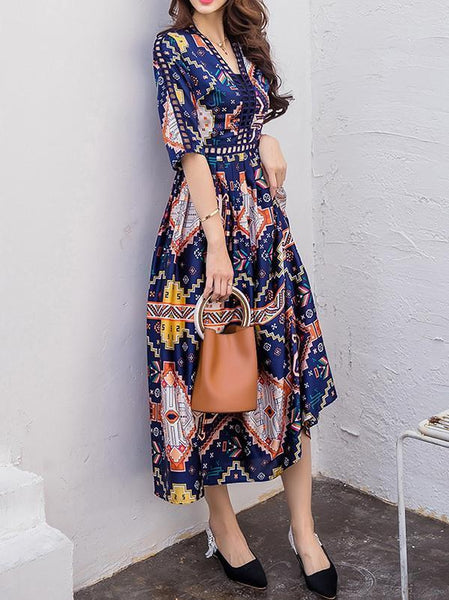 National Floral-Print Half Sleeve V Neck Bohemia Beach Dress