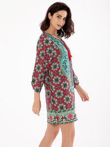 Beautiful Floral Bohemia Long Sleeve Round Neck Mini Dress