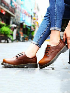 British Style Lace Up Casual Solid Color Flat Shoes
