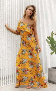 Summer Floral Print Off Shoulder High Waist Beach Maxi Dress