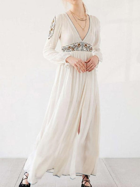 Bohemia Inwrought Long Sleeve V Neck Side Split Beach Long Dress