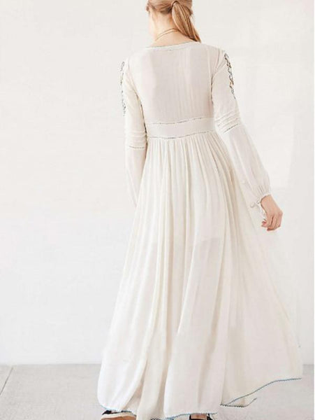 Bohemia Inwrought Long Sleeve V Neck Side Split Beach Long Dress