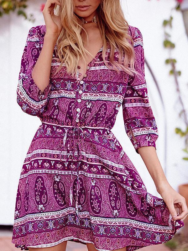 Fashion Bohemia Floral with Buttons 3/4 Sleeve Mini Vacation Dress