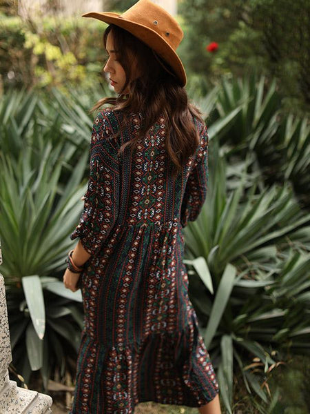 Bohemia Stripe Long Sleeve Side Split Maxi Dress