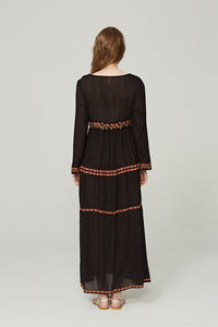 Elegant V Neck Long Sleeve Embroidered Bohemia Maxi Long Dress