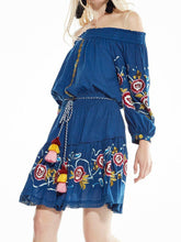 Load image into Gallery viewer, Shoulder-off Bohemian stripes heavy geometric embroidery tassels Blue dress