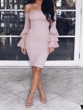 Load image into Gallery viewer, Sexy Off Shoulder Trumpet Sleeve Solid Color Bodycon Mini Dress