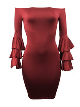 Load image into Gallery viewer, Sexy Off Shoulder Trumpet Sleeve Solid Color Bodycon Mini Dress