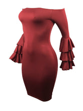 Load image into Gallery viewer, Sexy Off Shoulder Trumpet Sleeve Solid Color Bodycon Mini Dress