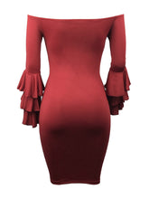 Load image into Gallery viewer, Sexy Off Shoulder Trumpet Sleeve Solid Color Bodycon Mini Dress