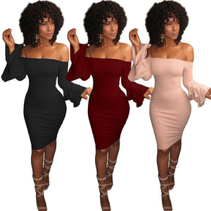 Sexy Off Shoulder Trumpet Sleeve Solid Color Bodycon Mini Dress