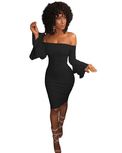 Sexy Off Shoulder Trumpet Sleeve Solid Color Bodycon Mini Dress