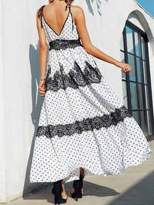 Sexy V-neck Polka Dot Spagetti Strap Lace up Summer Maxi Dress