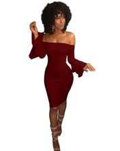 Load image into Gallery viewer, Sexy Off Shoulder Trumpet Sleeve Solid Color Bodycon Mini Dress