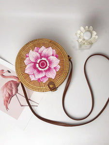 Boho Style Rattan Flower Pattern Round Bag
