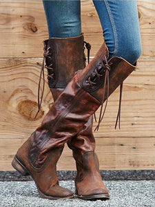 Vintage Chunky Heels Luce-up Knee High Boots