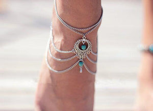 Vintage ethnic style hollow turquoise tassels drip multi-layer chain-link foot decorated woman