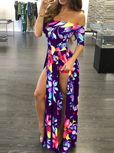 Boho Floral Print Off Shoulder Side Slit Maxi Dress