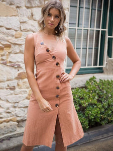 2018 Summer Button Sleeveless Split Midi Dress