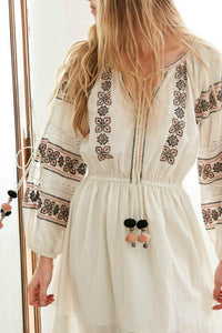 High quality hollow embroidery fringed waist ball strap full sleeve long Bohemia dress