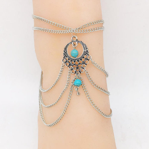 Vintage ethnic style hollow turquoise tassels drip multi-layer chain-link foot decorated woman