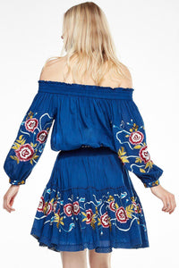 Shoulder-off Bohemian stripes heavy geometric embroidery tassels Blue dress