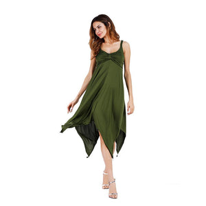Women solid color strap halter deep V dress irregular evening dress skirt